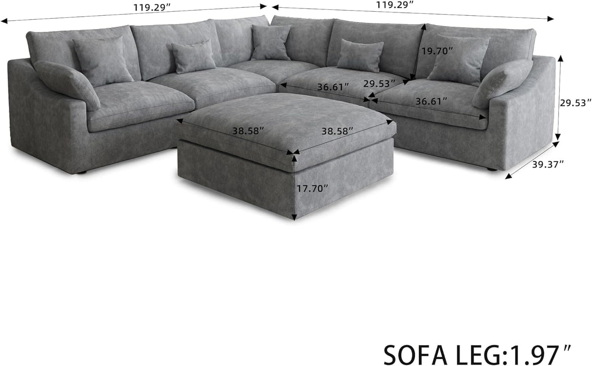 WJShome Modular Sectional Sofa Couch, 119.29" V-Shaped Modular Sofas with Ottoman, Down Filled Convertible Sofa for Living Room, 6 Seat Wide Couches,Cushion Covers Removable, Gray
