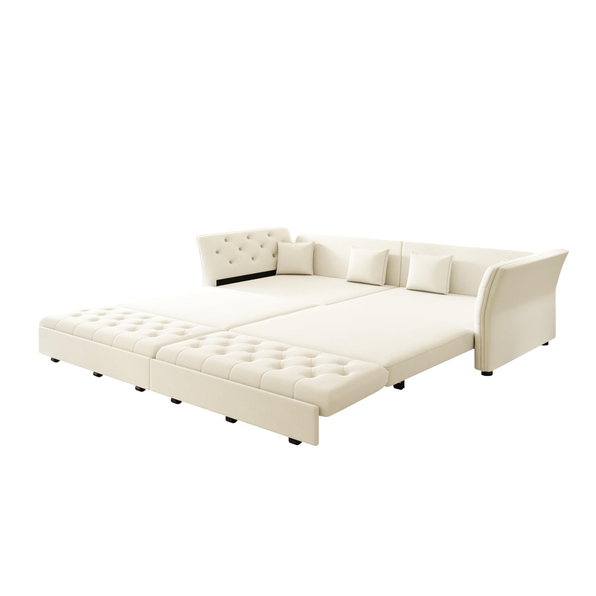 100'' Sleeper Sofa Bed California King, Velvet Chesterfield Couch, Beige