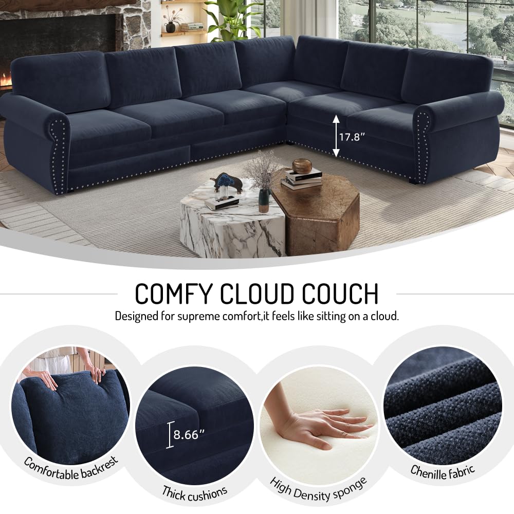 118" Oversized Sleeper Sofa with Pull Out Bed, Chenille L Shaped Convertible Sectional Sleeper Couch with Nailhead Trim & Rolled Arm, 6-Seater Couches for Living Room, Blue