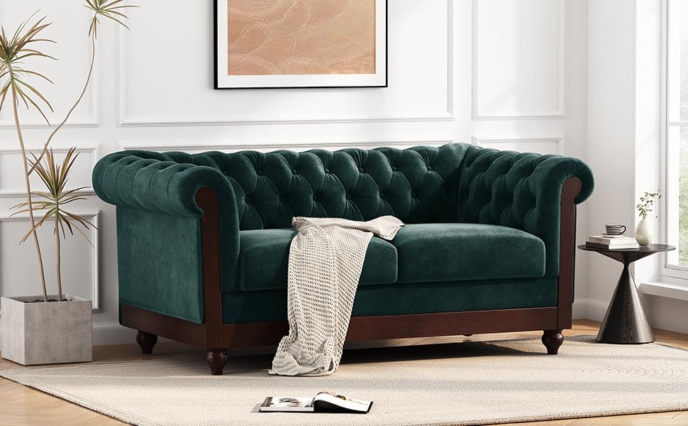 Tidyard 59.4? Velvet Loveseat Sofa for Living Room, 2-Person Tufted Couch with Rolled Arms, Compact Sectional Couch for Small Spaces, Forest Green