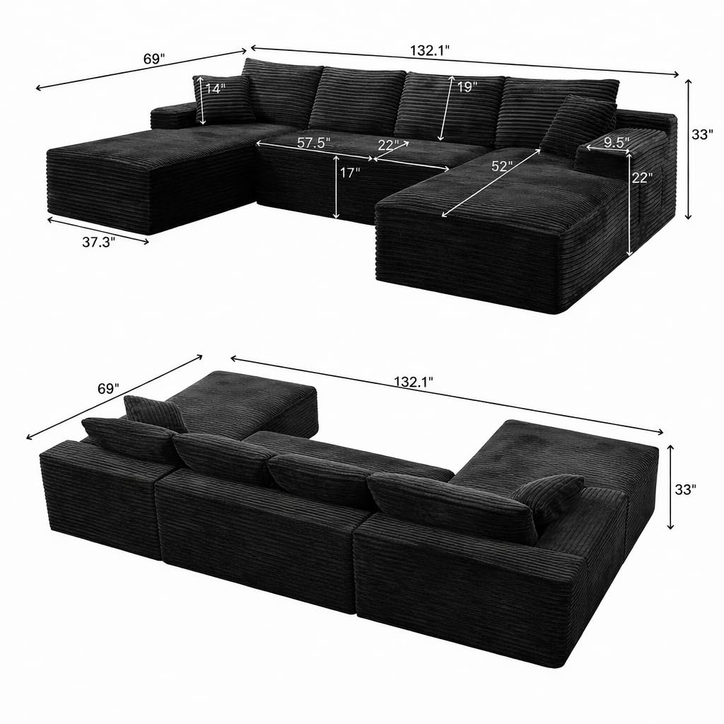 132.1" Compressible U-Shaped Sectional Sofa Set, Minimalist Modular Cloud Couch with Corduroy Fabric, Zero-Leg Full Base Design, Includes 2 Throw Pillows, Perfect for Living Room, Apartment, Condo