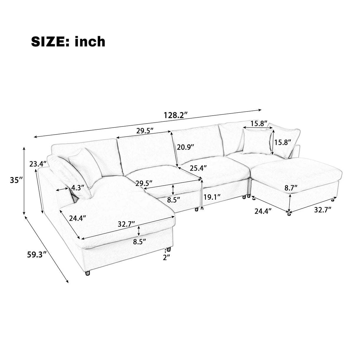 128" U-Shaped Sectional Sofa with 2 Movable Ottomans, Chenille Fabric Modular Couch for Living Room Home Theater (Beige)