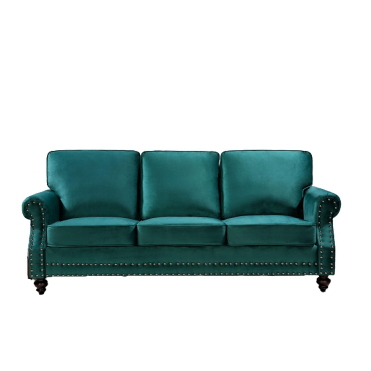 Velvet Sofa Seating with Rolled Arms and Nailhead Trim, Upholstered Living Room Couch, Loveseat or Accent Armchair with Loose Back Cushions, High Density Foam Seats (Green,Couch)