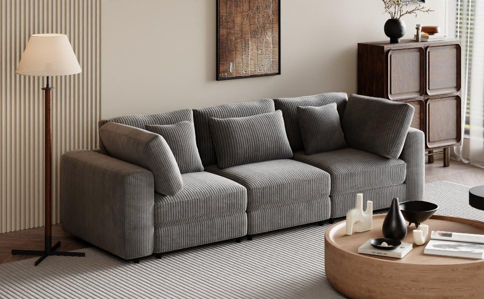 Tidyard 3 Seater Sofa with Removable Back Cushions & 5 Pillows, 10? Corduroy Fabric for Living Room, Apartment, Spacious Spaces, Soft Elegant Design, Wooden Frame, Easy Assembly