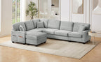 Tidyard Sectional Sofa U-Shaped 125.? L-Shaped Couch with Movable Ottoman & Side Storage Pockets, Grey Corduroy Upholstered Living Room Sofa