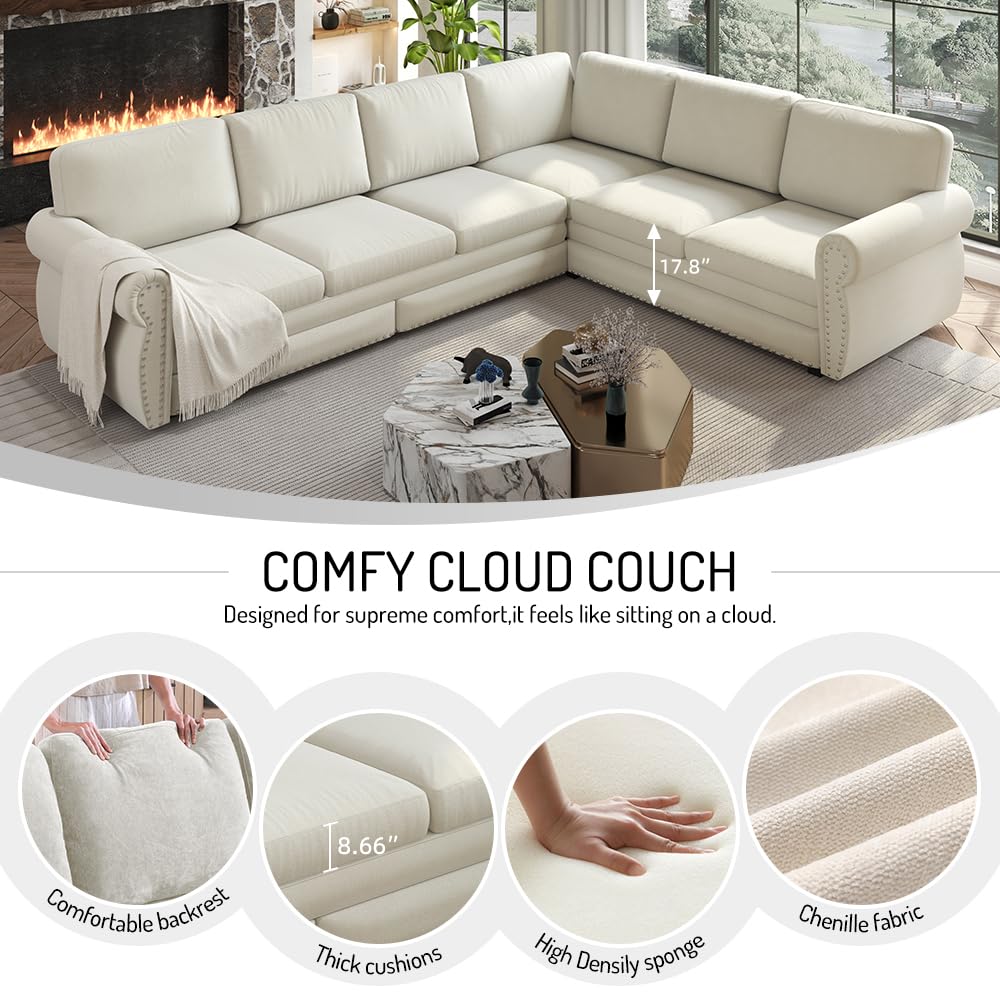 118'' Sectional Sleeper Sofa Bed King Size, Oversized Pull Out Couch, Chenille 6-Seater L-Shape Convertible Sofa with Nailhead Trim, Modern Upholstered Living Room Couches for Apartment, Beige