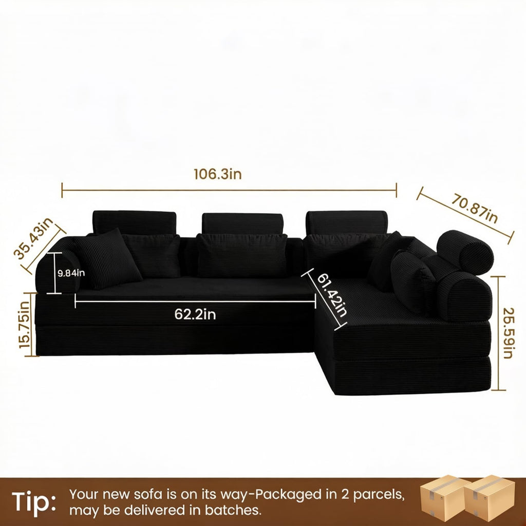 106" Convertible Sleeper Sectional Sofa Bed, 4-in-1 Corduroy Boneless Couch with Fixed-Shape Frame, Modular L-Shaped Sofa with Pillows, Fold Out Floor Sofa for Living Room Apartment (Black)
