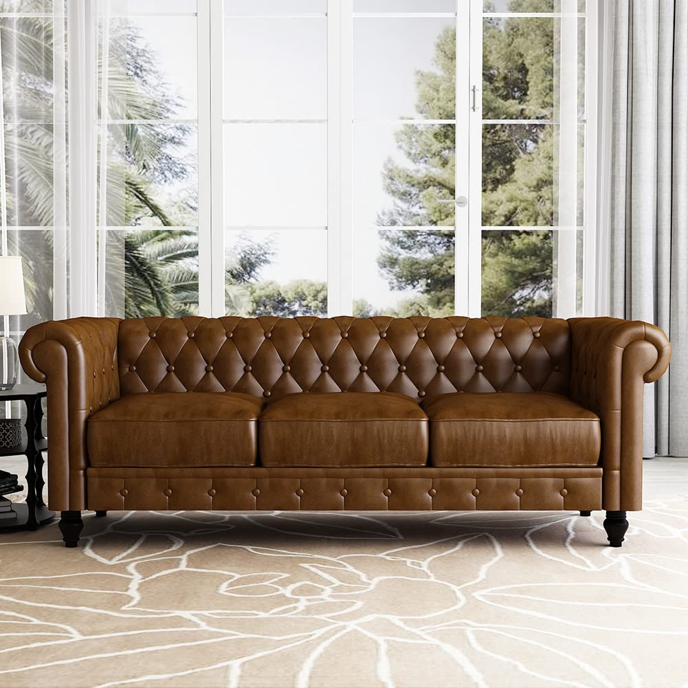 WILLIAMSPACE 88.2" Chesterfield Sofa Couch for Living Room, 3 Seater Couches Upholstered Tufted PU Sectional Sofa for Office Apartment - Brown