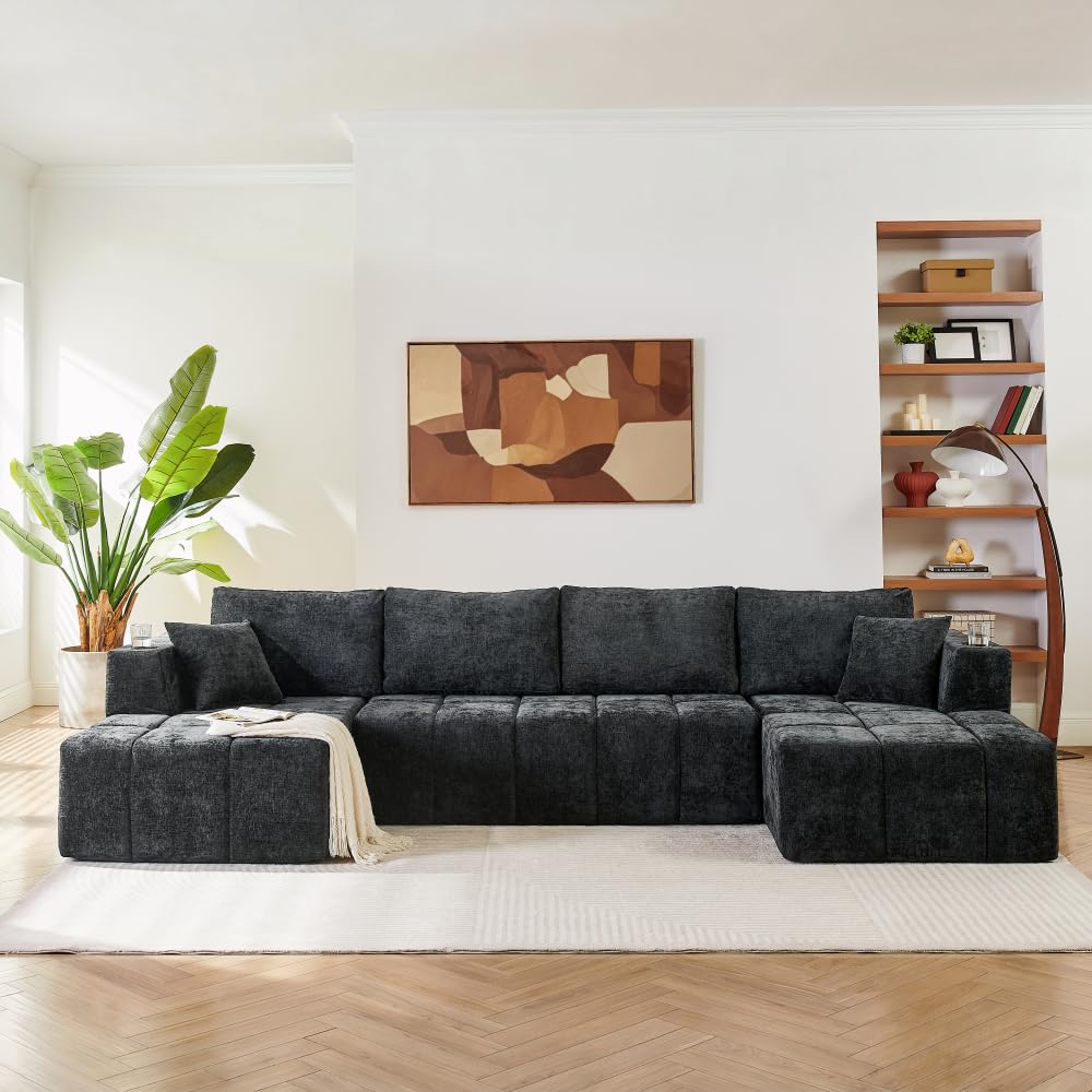 132" U-Shaped Chenille Sectional Sofa, Cloud Style Boneless Sofa with Lounges, Modern Upholstered Couch with Cup Holders & Side Pockets, Compression Sofa for Living Room (Beige + Chenille + 6 Seat)