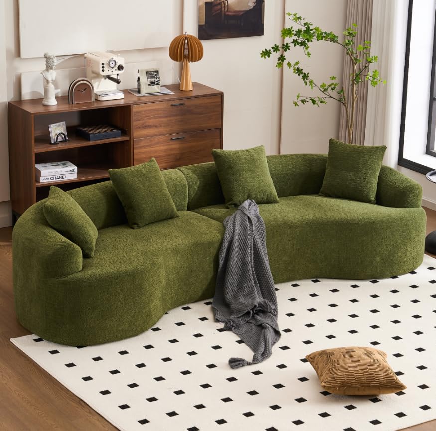 110.2" Boneless Curved Modular Sofa, Modern S-Shaped Chenille Upholstered Couch with 4 Pillows, Spring & Foam Support Soft Packed Sofa for Small Space Living Room, Home Decor (Caramel, 4)