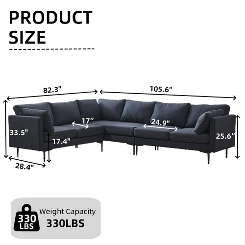 106" W Sectional L Shaped Sofa Couch Set for Living Room, Convertible Oversized 6 Seat Corner Sofa Sets with 2 Pillows, Linen Sofas with Metal Legs for Living Room Apartment