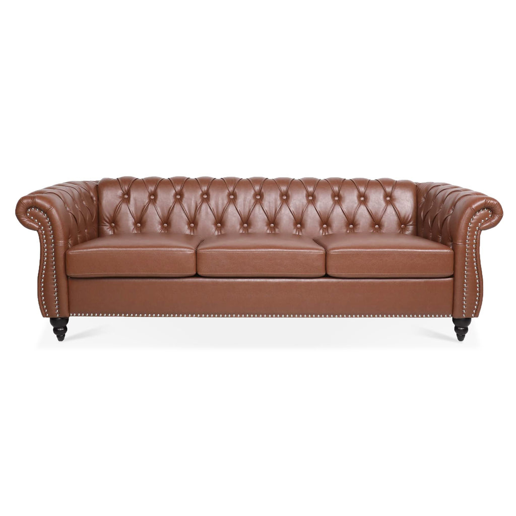 Tidyard 84.6? Brown PU Leather Rolled Arm Chesterfield Three Seater Sofa, Staggered Tufting, Solid Wood Frame, Pocket Spring Cushion, Birch Legs, 660 lbs Capacity