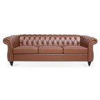 Tidyard 84.6? Brown PU Leather Rolled Arm Chesterfield Three Seater Sofa, Staggered Tufting, Solid Wood Frame, Pocket Spring Cushion, Birch Legs, 660 lbs Capacity