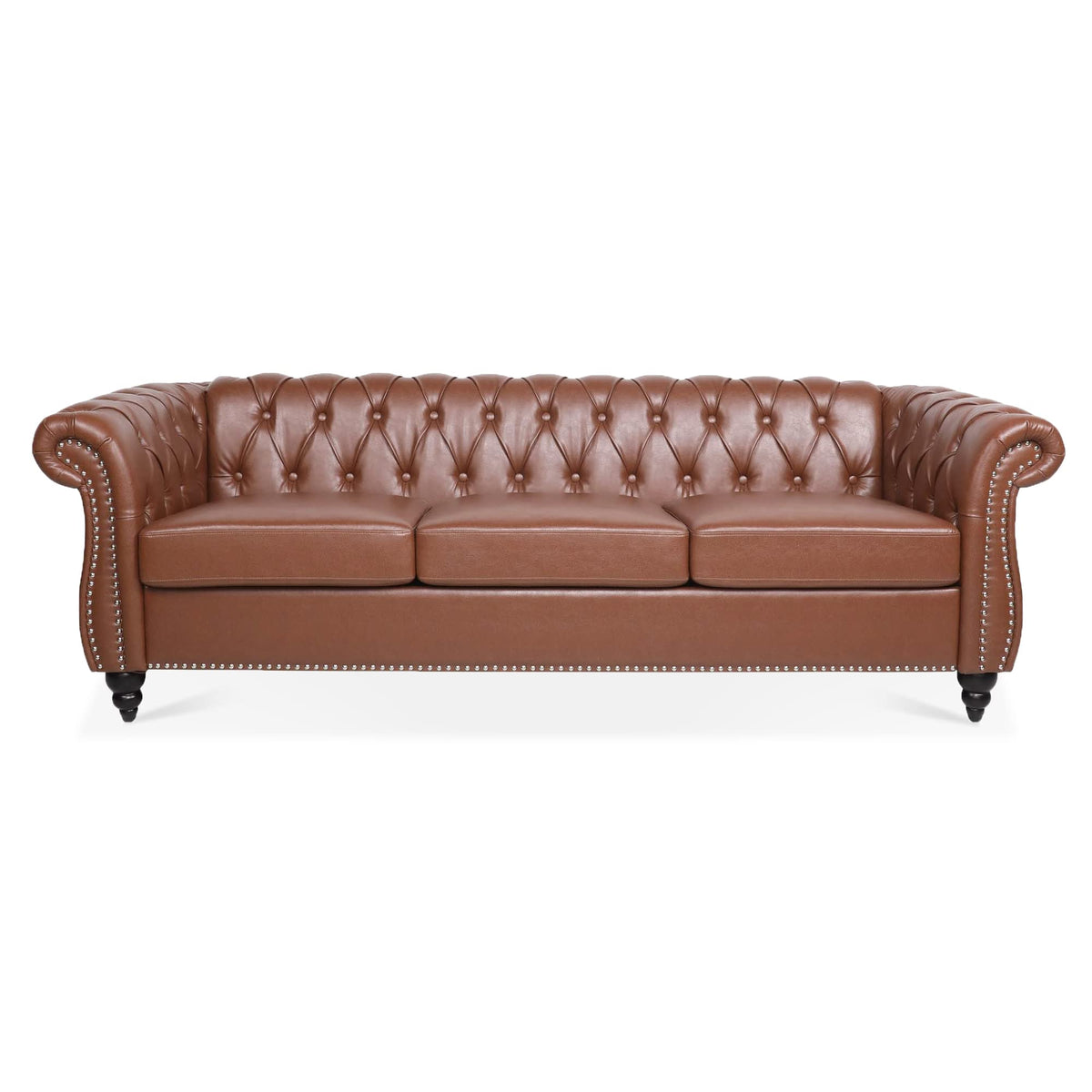 Tidyard 84.6? Brown PU Leather Rolled Arm Chesterfield Three Seater Sofa, Staggered Tufting, Solid Wood Frame, Pocket Spring Cushion, Birch Legs, 660 lbs Capacity