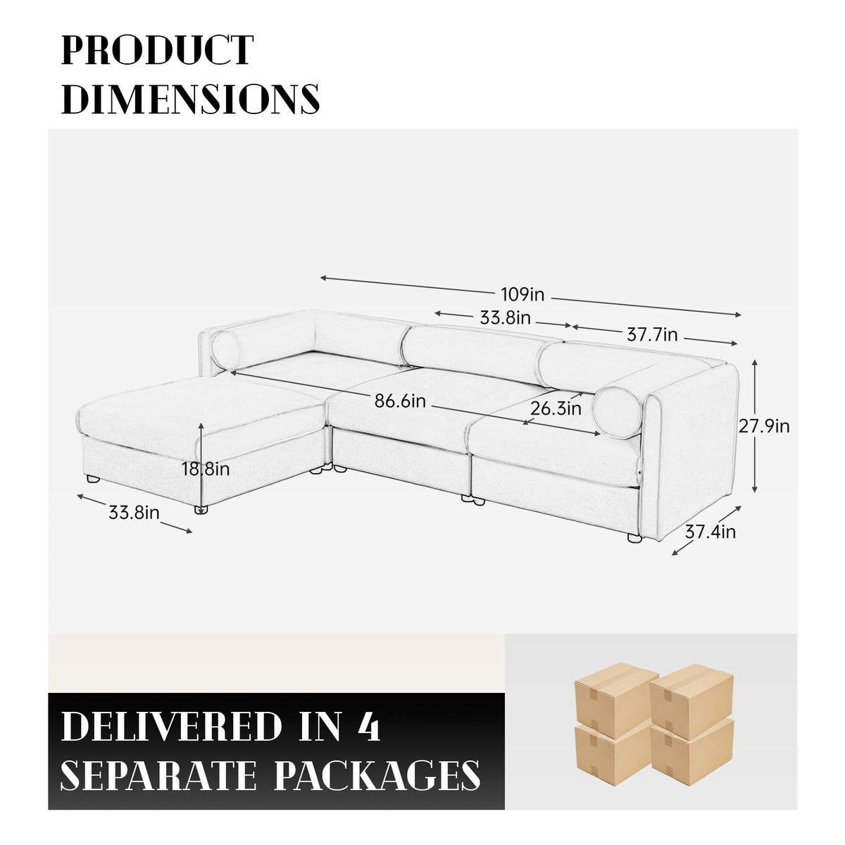 109'' Modular Sectional Sofa, Oversized 4 Seat L Shaped Couch with Storage Ottoman, Extra Deep Seat, Modern Comfy Convertible Chenille Sofa with Chaise, Lounge Couches for Living Room, Camel