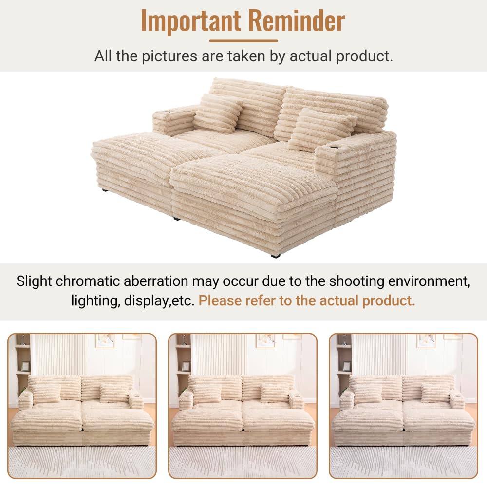 ZOEDO Oversized Double Chaise Lounge Sofa 82" Sofa Bed Plush Upholstered Sleeper Sofa Daybed with Two Supportive Pillows, USB Ports and Cup Holders for Living Room, Champagne (Old SKU:N719S002110D)