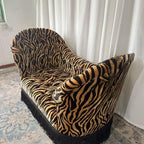 Tiger Print Loveseat Sofa, Upholstered Fabric Lounge Couch with High Curved Arms and Fringe Base for Living Room, Bedroom, Boutique Hotel and Reading Lounge