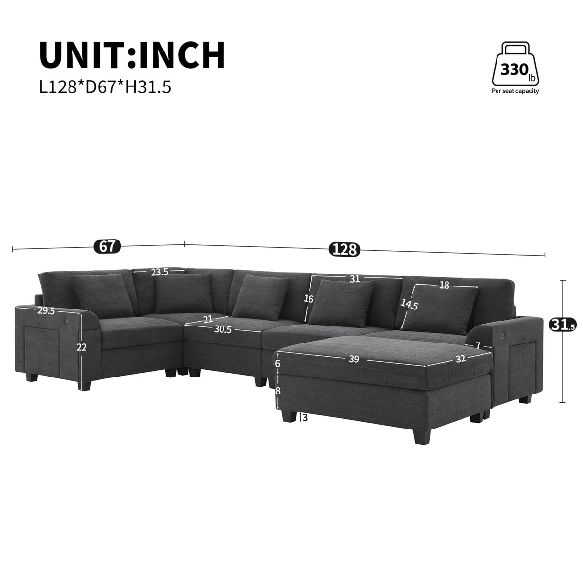 128 67" U Shaped Sectional Sofa Chenille Black Versatile Combination Options Living Room Apartment Modern