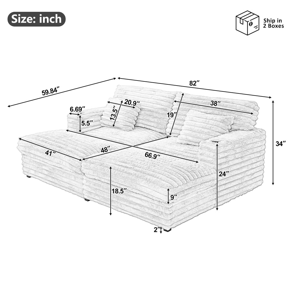 ZOEDO Oversized Double Chaise Lounge Sofa 82" Sofa Bed Plush Upholstered Sleeper Sofa Daybed with Two Supportive Pillows, USB Ports and Cup Holders for Living Room, Champagne (Old SKU:N719S002110D)
