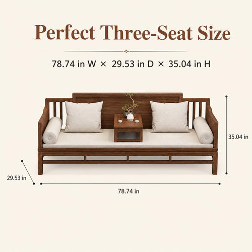 79 Inch South American Walnut Wood Sofa, 3 Seater Couch with Linen Blend Cushions, Removable Covers, Bolster Pillows and Movable Tea Tray for Living Room (3-Seat Sofa with Center Tea Tray)