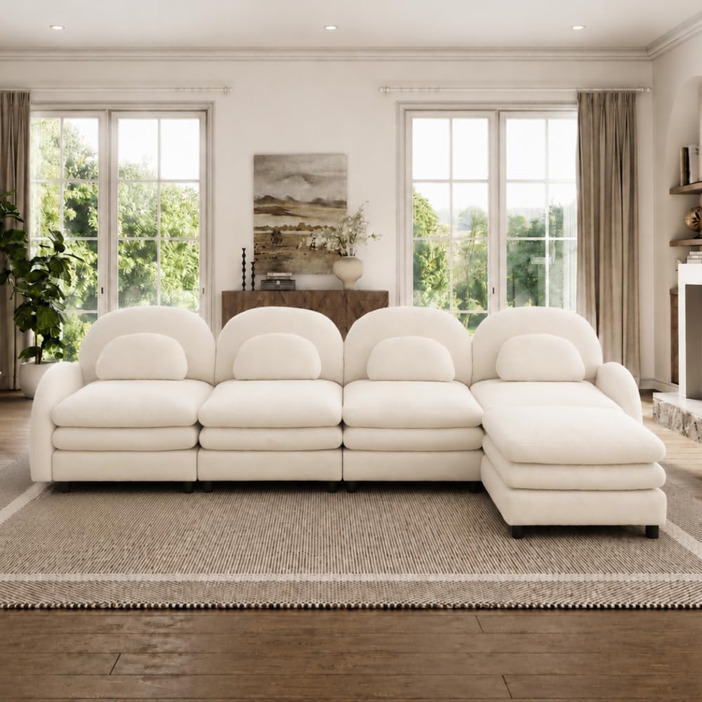 Teddy Fabric Cloud-Like 4-Seat Sofa,Curved Backrest and Armrest with Curved Lumbar Pillows, Sectional 4 Seater Modular Couch with Movable Ottoman and Supportive Double-Layer Cushion (Beige White)