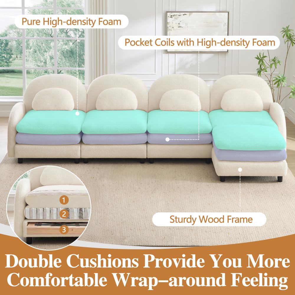 Teddy Fabric Cloud-Like 4-Seat Sofa,Curved Backrest and Armrest with Curved Lumbar Pillows, Sectional 4 Seater Modular Couch with Movable Ottoman and Supportive Double-Layer Cushion (Beige White)
