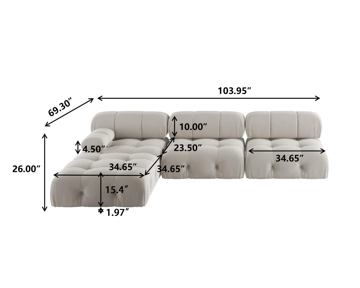 WJShome Modular Sectional Sofa with Ottoman, 103.95 inch Convertible Couch with Reversible Chaise, Velvet L Shaped Minimalist Couch for Living Room, Modern Large Free Combination Sofa, Beige