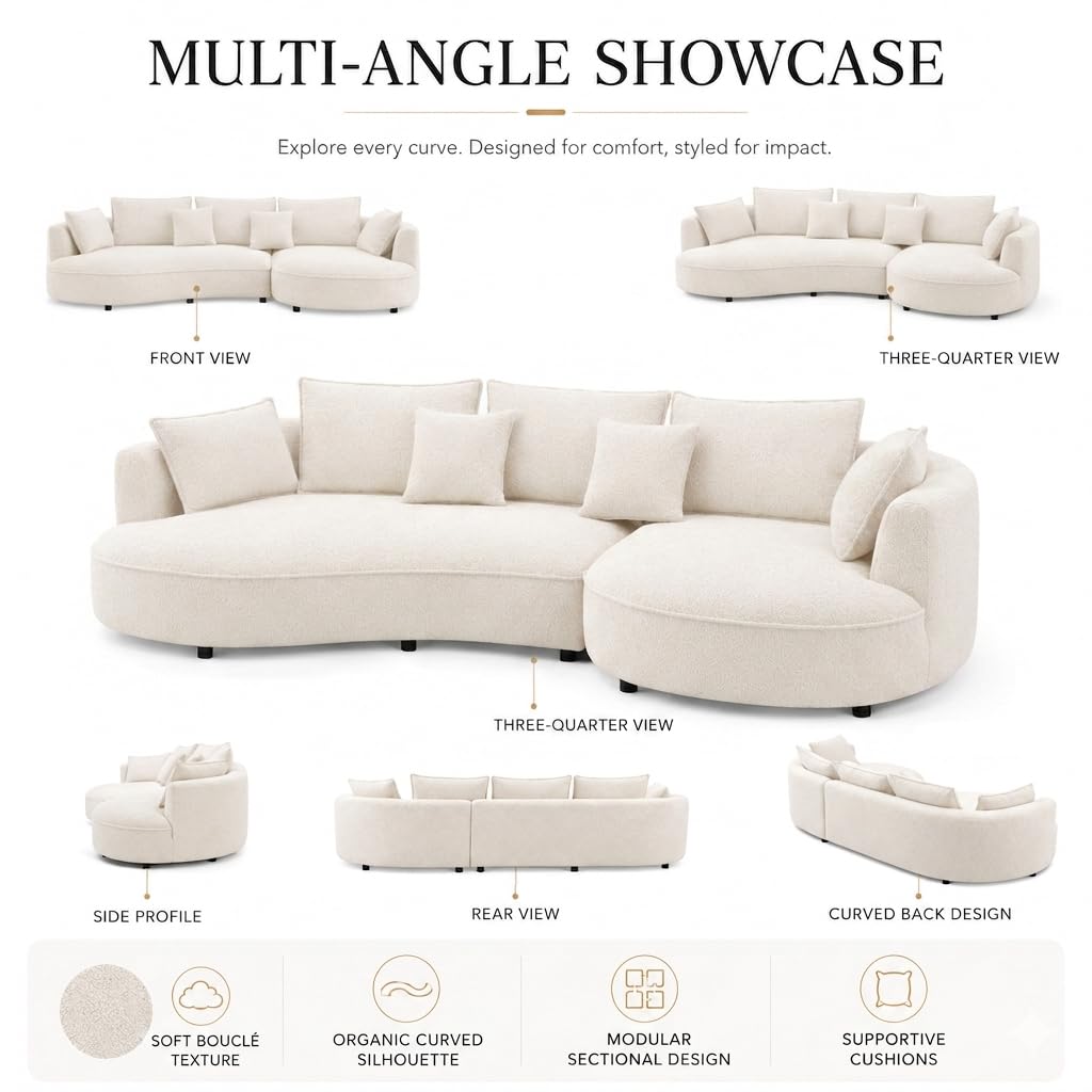 124.8" Modern Curved Sectional Sofa with Chaise, Upholstery Boucle Sofa with Pillows,Sectional Couch for Living Room - (Beige,Right Hand Facing)