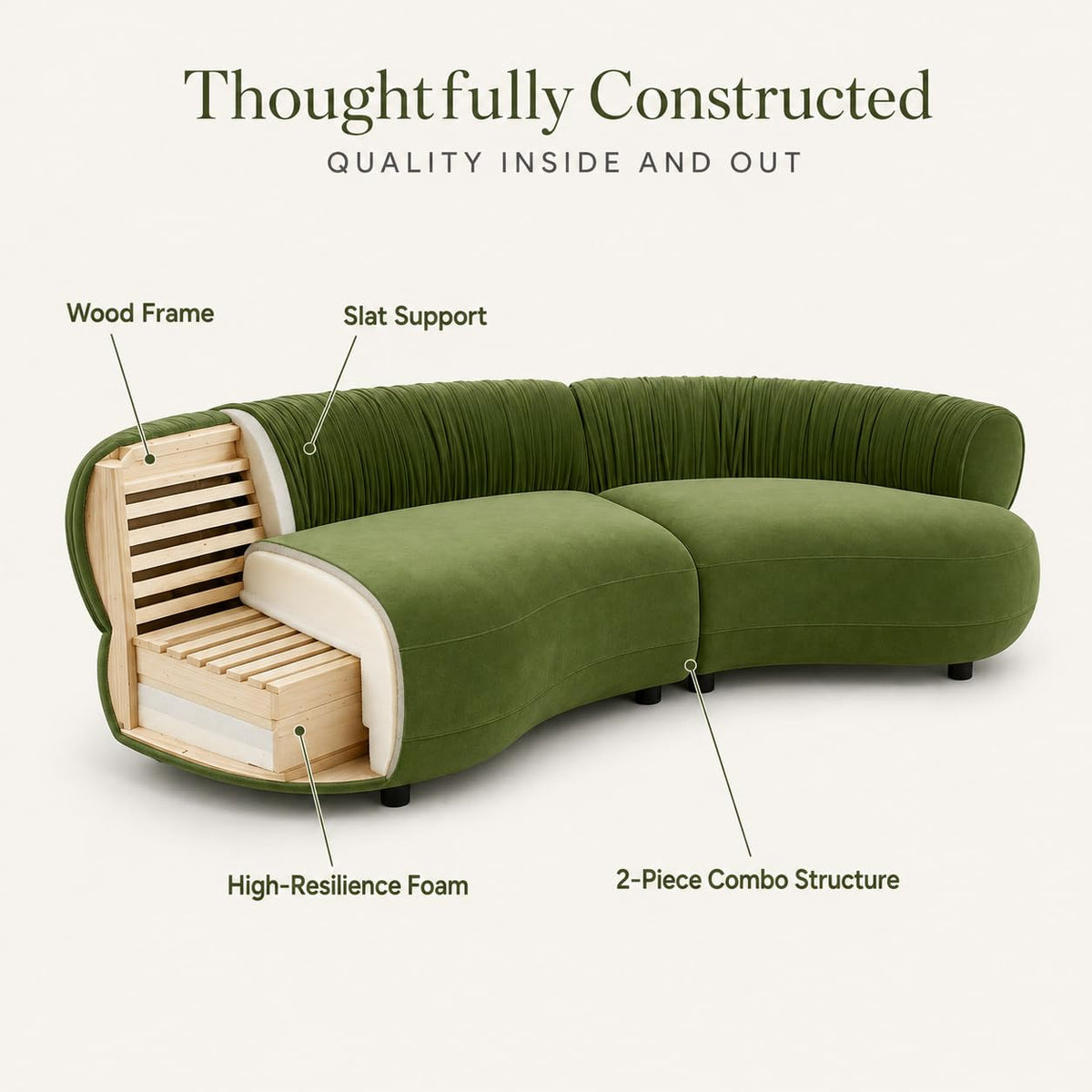102" Curved Sectional Sofa, Green Velvet 4-Seater Couch, Living Room