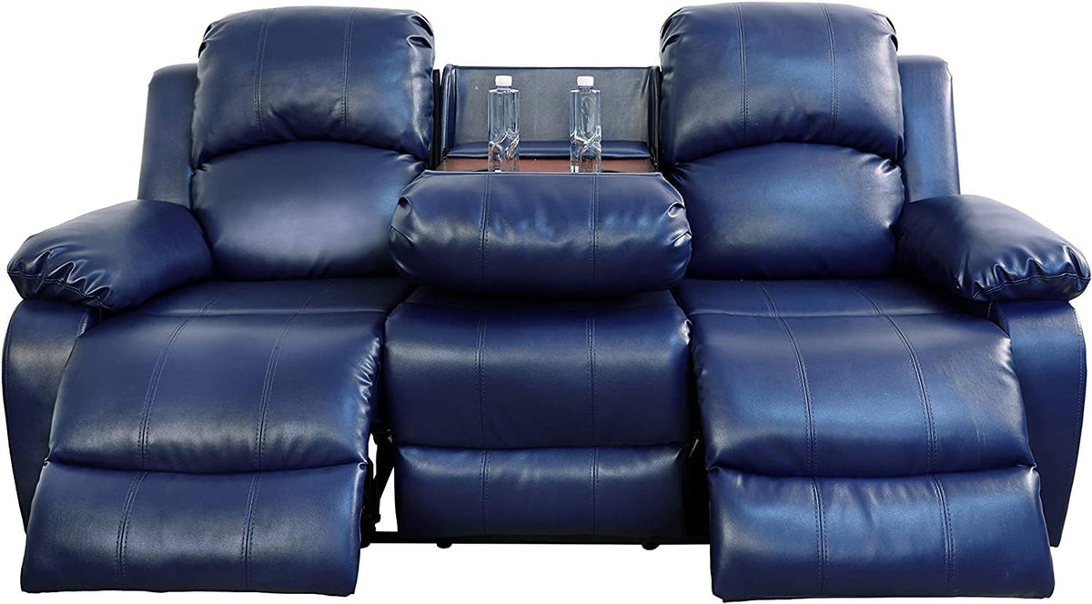 Bonded Leather Living Room Furniture Set Reclining Sofa Set Loveseat Furniture Sets in Living Room Sofa Recliners (3 Pieces, Blue Microfiber)