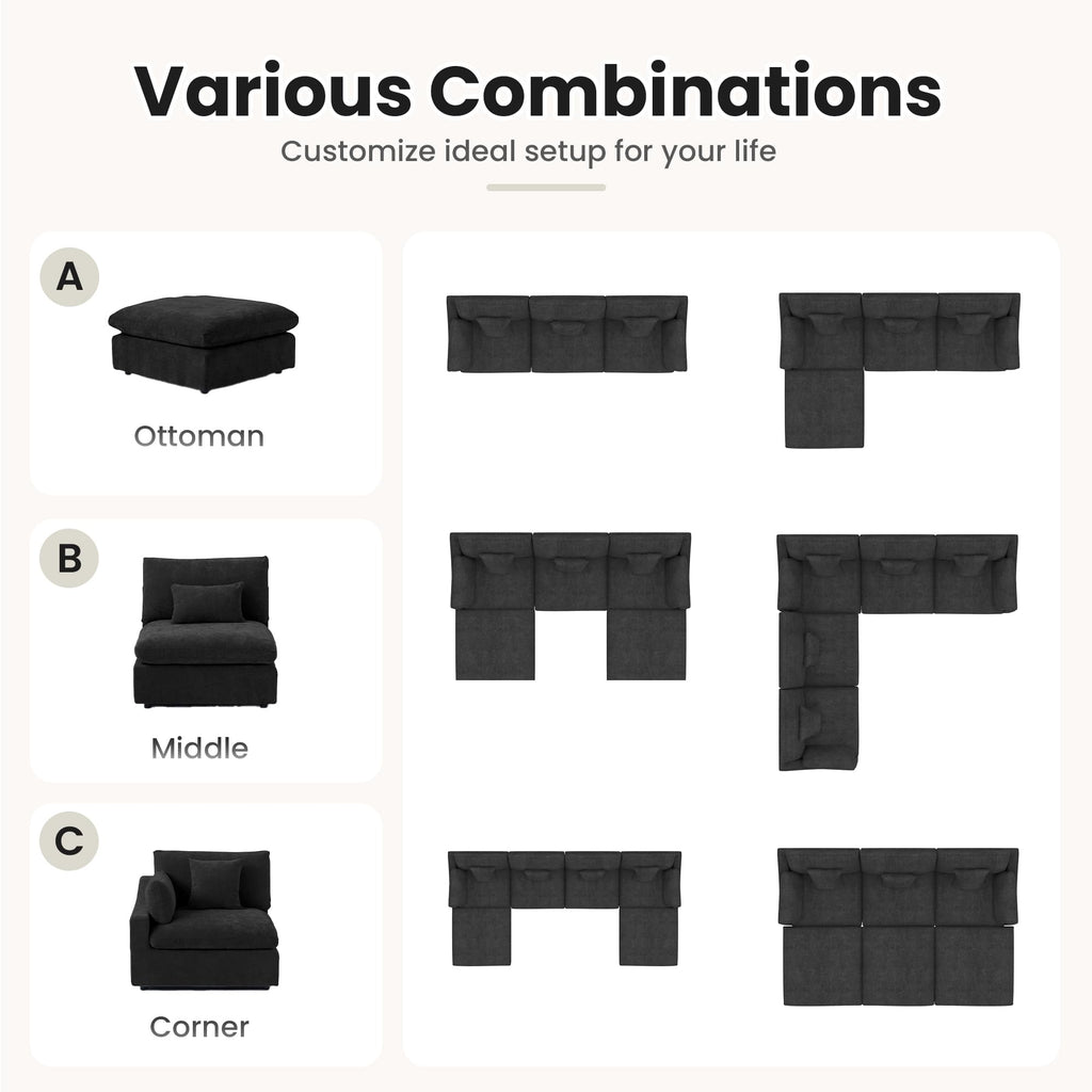 WJShome Cloud Modular Sectional Sofa Couch for Livingroom,119inch Down Filled L Shaped Couch with Wide Seat,Convertible Sectional Sofa with Ottoman,Covers Washable&Replaceable,Black