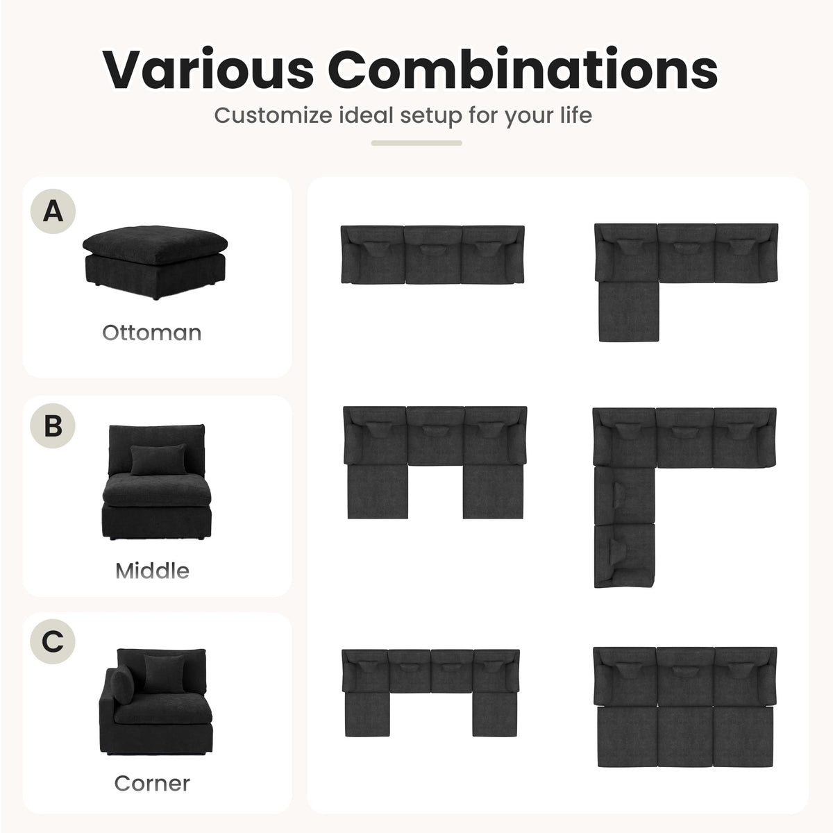 WJShome Cloud Modular Sectional Sofa Couch for Livingroom,119inch Down Filled L Shaped Couch with Wide Seat,Convertible Sectional Sofa with Ottoman,Covers Washable&Replaceable,Black