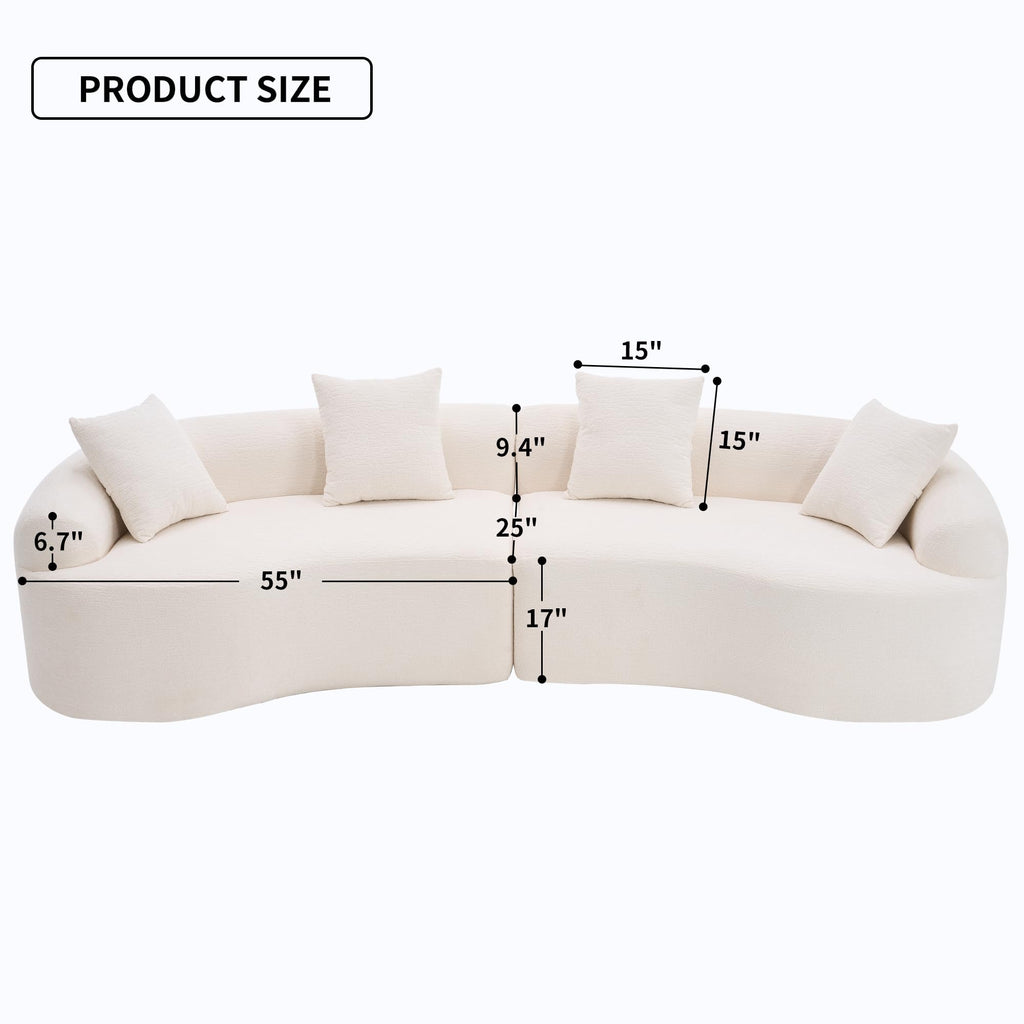 110" Sectional Sofa Round Curved Couch, Modern 4 Seat Sofa with Wood Grain Chenille Fabric, Comfy Deep Seat Sponge Couch with 4 Pillows for Living Room, White