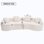 110" Sectional Sofa Round Curved Couch, Modern 4 Seat Sofa with Wood Grain Chenille Fabric, Comfy Deep Seat Sponge Couch with 4 Pillows for Living Room, White