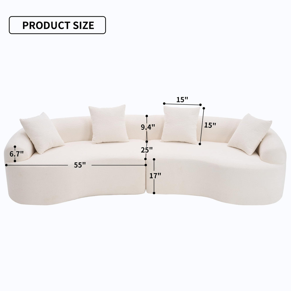 110" Sectional Sofa Round Curved Couch, Modern 4 Seat Sofa with Wood Grain Chenille Fabric, Comfy Deep Seat Sponge Couch with 4 Pillows for Living Room, White