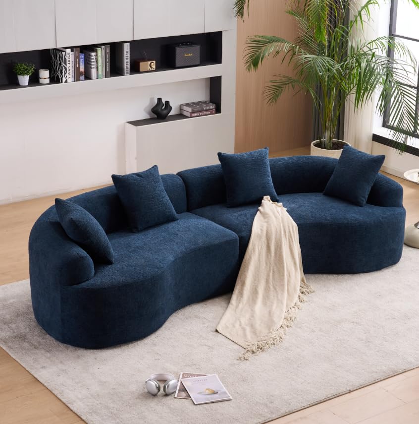 110.2" Boneless Curved Modular Sofa, Modern S-Shaped Chenille Upholstered Couch with 4 Pillows, Spring & Foam Support Soft Packed Sofa for Small Space Living Room, Home Decor (Caramel, 4)