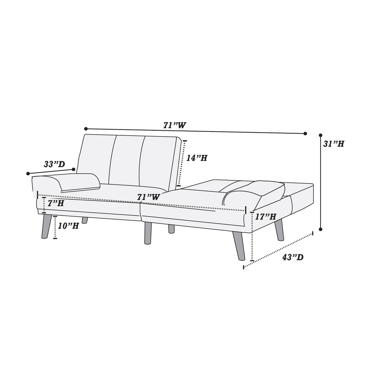 Tidyard Navy Polyfiber Adjustable Sofa with Solid Wood Legs, Contemporary Convertible Couch for Living Room, Includes Extra Cushion, 7? x 3? Chaise Not Included
