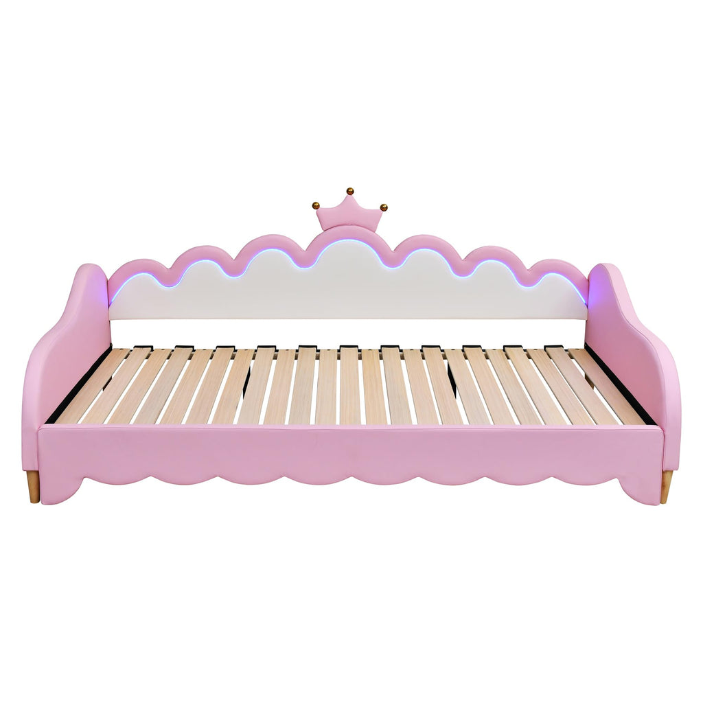 Twin Extending Daybed with LED Lights, Upholstered Princess Daybed with Crown Headboard,Pink