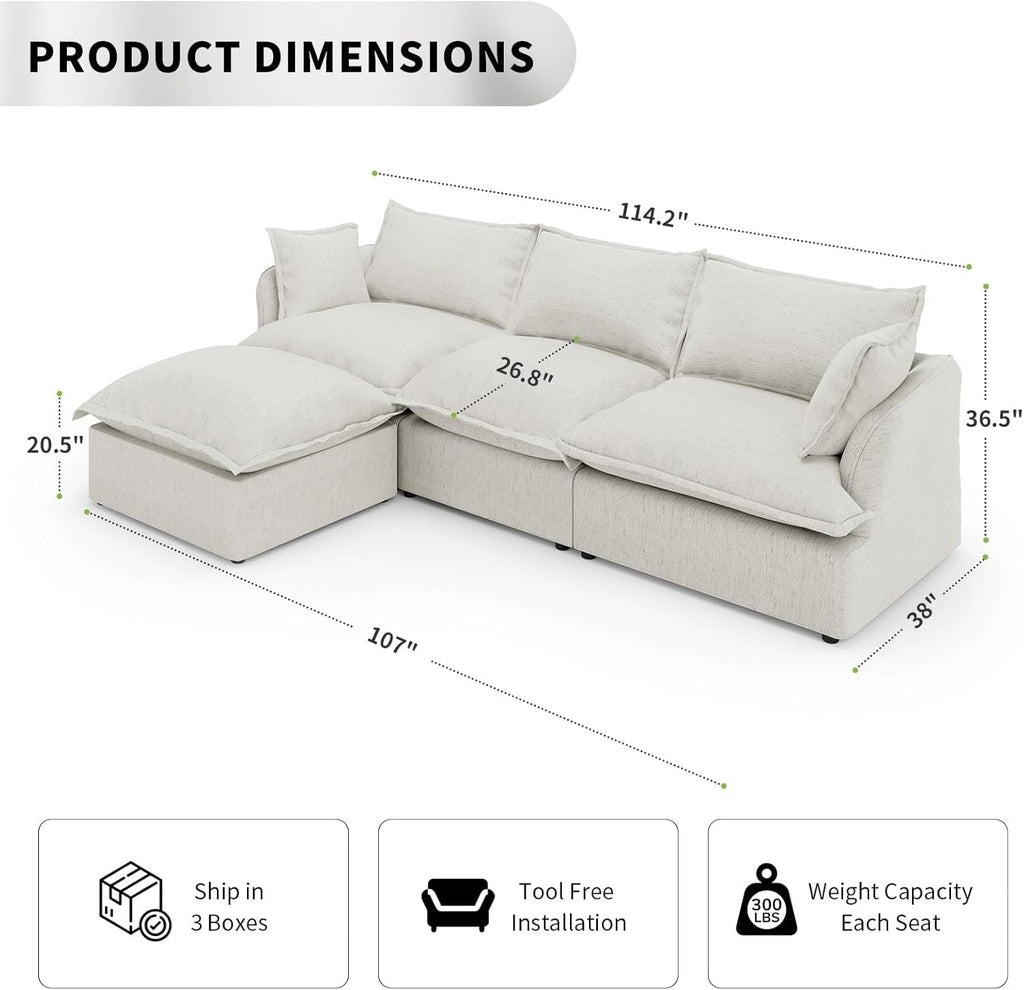 114.2" Cloud Sectional Couch L Shaped,Down Fill Couch,Linen,Grey