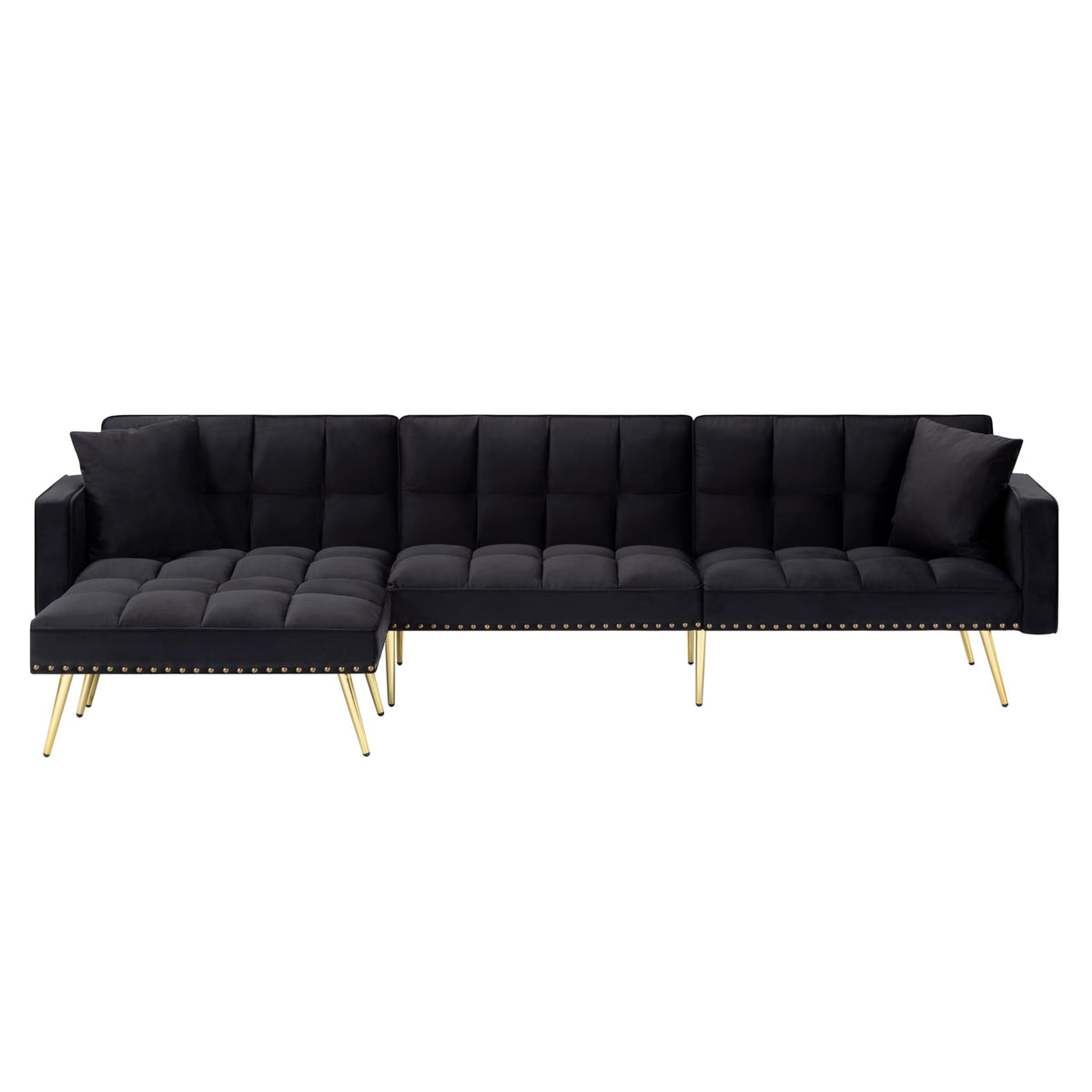 107in Sectional Sleeper Sofa with Split Back, Velvet, Golden Metal Legs, 5 Adjustable Positions, 2 Toss Pillows