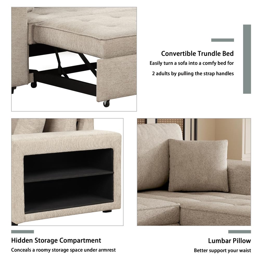 104.5 Inch Modern L-Shaped Reversible Sectional Sofa with Storage Chaise Lounge and Sleeper Bed Function for Living Room (Cream + Chenille + 3 Seat + Foam)