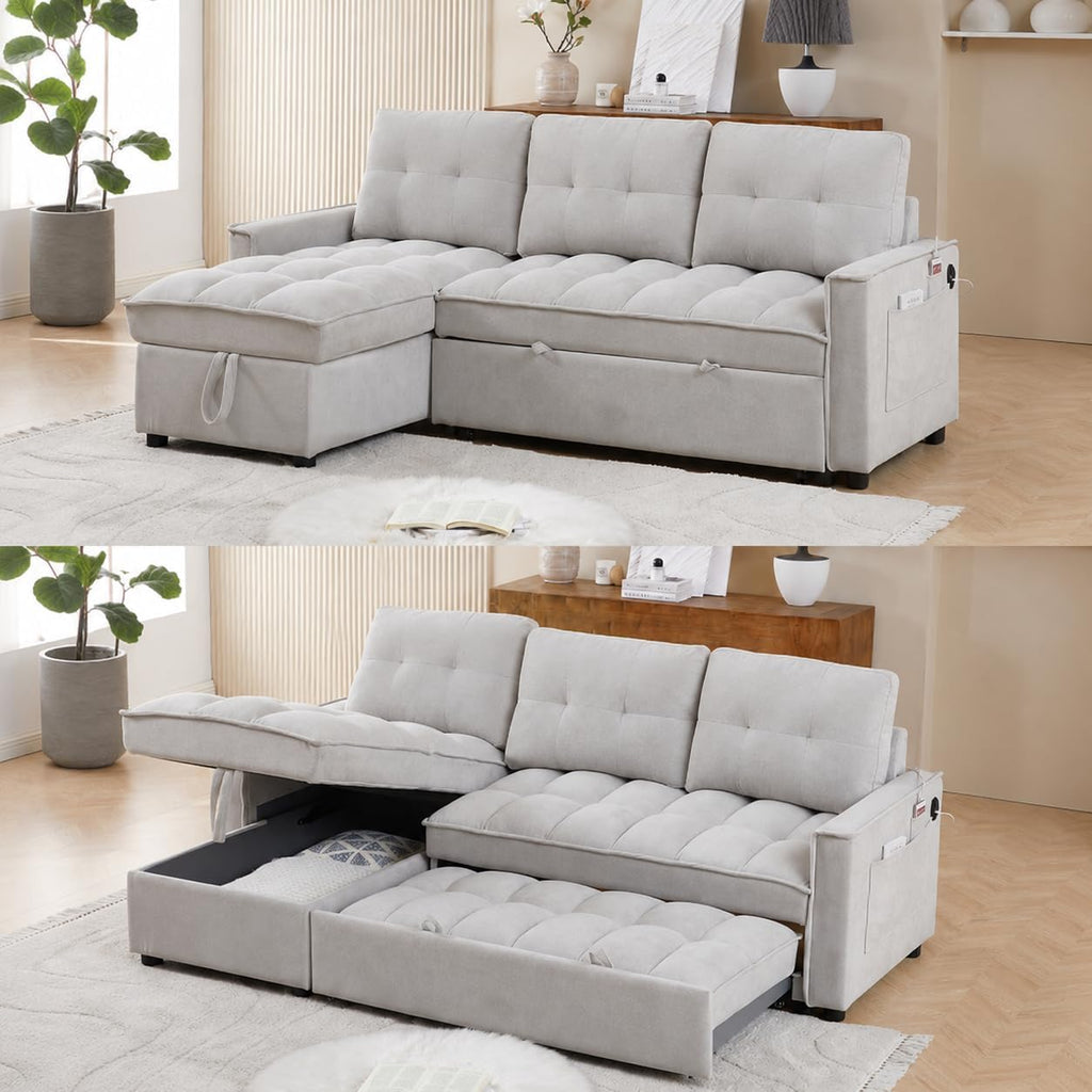 100" Modular Sectional Sleeper Sofa with Pull Out Bed/Side Table/USB Charging/Storage Chaise, Comfy Convertible Cloud Couch, U Shaped 7 Seat Corduroy Sofa with Cup Holders,Green