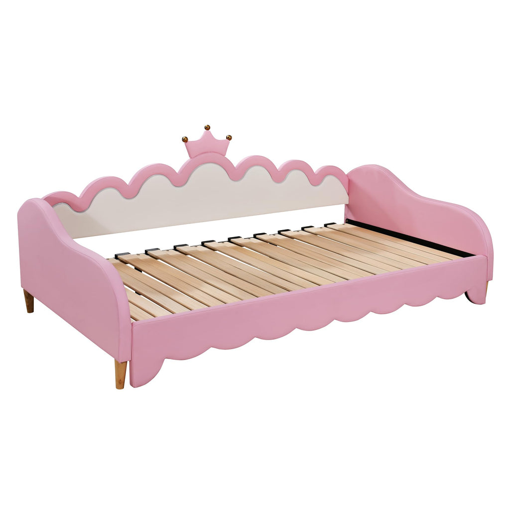 Twin Extending Daybed with LED Lights, Upholstered Princess Daybed with Crown Headboard,Pink