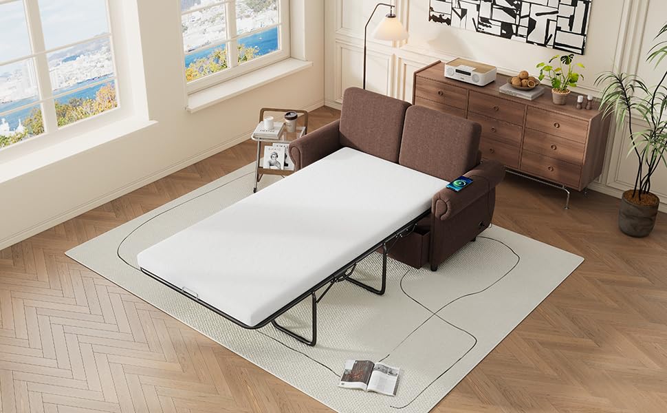 Tidyard 57.? Pull Out Sofa Bed Loveseat with Twin Memory Foam Mattress & 2 USB Ports, Brown for Living Room, Apartment, Dorm