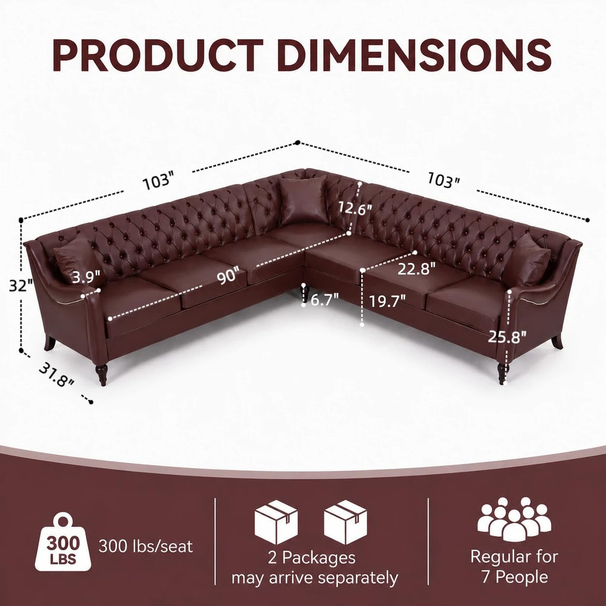 103" Chesterfield Sectional Sofa,Faux Leather Upholstered Couch,Mid-Century Style Oversized 7-Seat Button Tufted Corner Couch with Nailhead Trim,Modern L Shaped Couches for Living Room,Brown