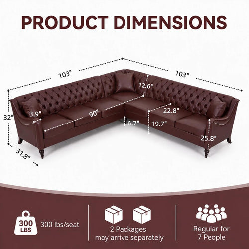 103" Chesterfield Sectional Sofa,Faux Leather Upholstered Couch,Mid-Century Style Oversized 7-Seat Button Tufted Corner Couch with Nailhead Trim,Modern L Shaped Couches for Living Room,Brown