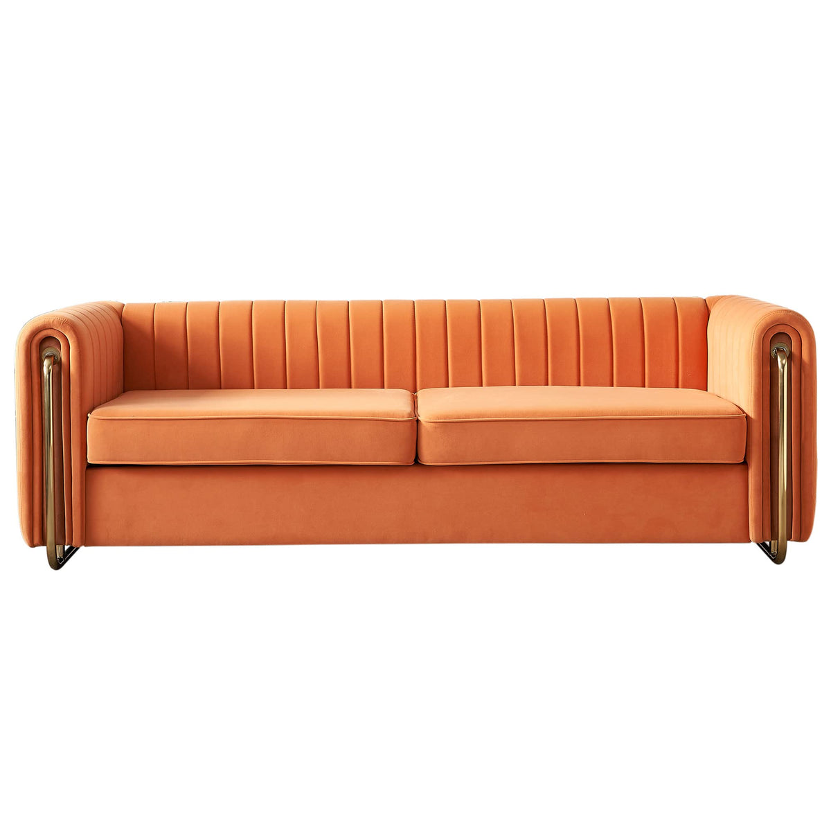 Velvet Couch, 84" Wide Mid-Century Modern Sofa Tufted Upholstered Loveseats Sofa with Golden Leg, 3 Seat Sofa Big Comfy Couch Sofas for Living Room Bedroom, Office (Orange)