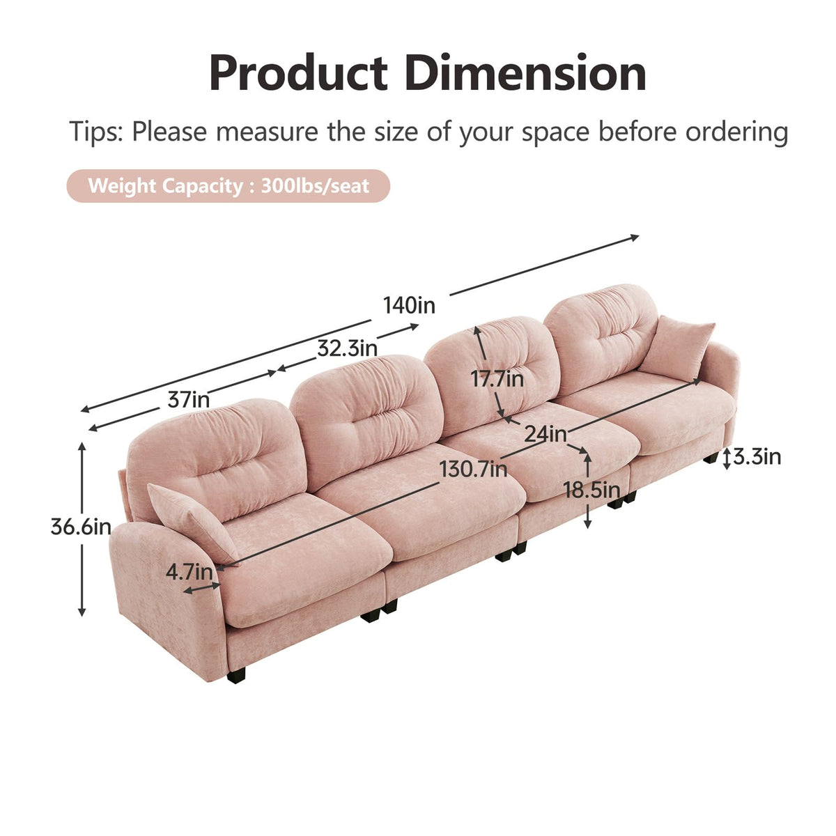 107" L Shaped Couch, Chenille Upholstered Modular Sectional Sofa, 3 Seater Deep Seat Sofa with Movable Ottoman, Modern Cloud Couch with Thick Seat Cushion, Sectional Couches for Living Room, Pink
