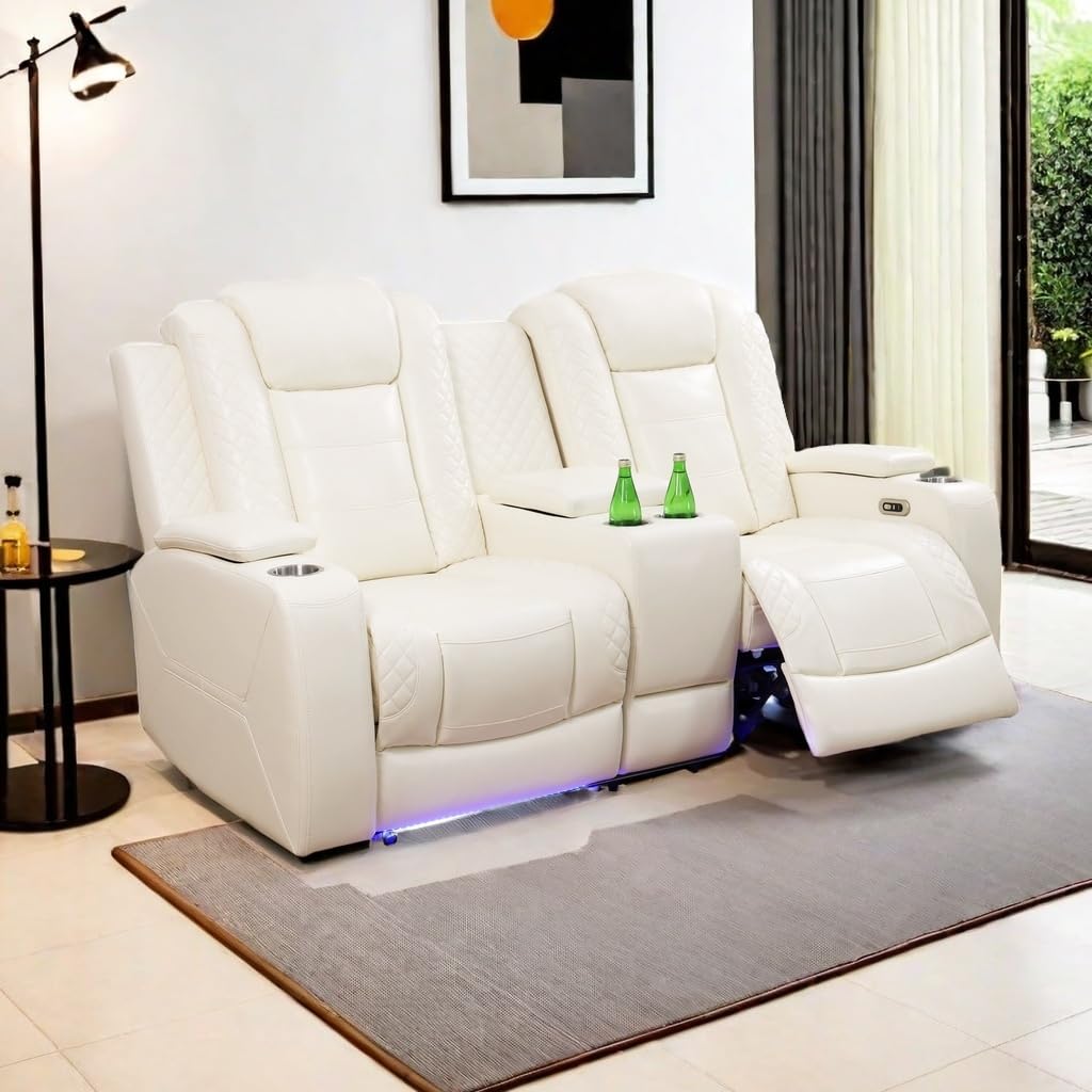 A Ainehome Power Leather Recliner Sofa Set with LED Lights, Recliner Sofa Sectional Couches for Living Room, Reclining Sofa, loveseat, Chair with USB Port/Storage Console/Cup Holder(black,3-piece set)