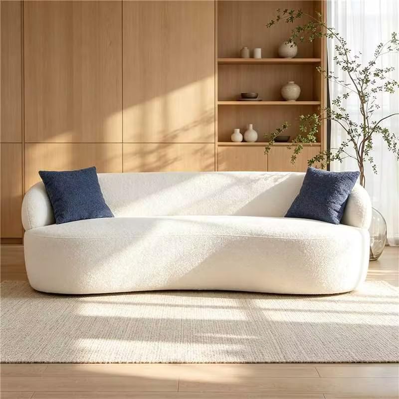 WILLIAMSPACE 93.6" Curved Sofa, Modern Upholstered Boucle Curved Couch with 3 Throw Pillows, 3-Seat Sofa Couch for Living Room, Apartment (Beige)